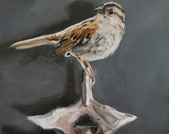 Sparrow on bone, original bird oil painting, impressionist macabre animal wall art, vertebrae on linen canvas, handmade gift decor