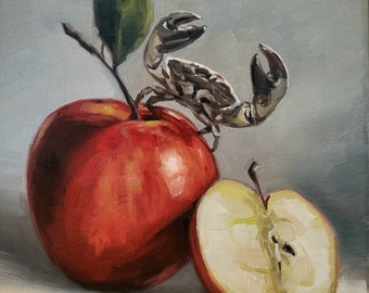 Crab apples, original still life with animal oil painting, fruit study food decor, cute crustacean canvas quirky handmade gift, crabapple