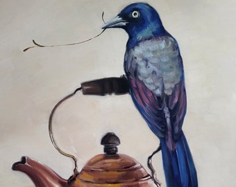 SALE Copper kettle Grackle, original still life with bird oil painting, teapot and animal impressionist linen canvas, handmade gift wall art