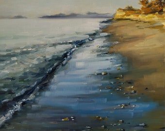 Summer evening shore, original beach landscape oil painting, whidbey island seascape pacific northwest ocean wall decor Washington coast