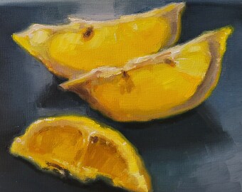 Three lemon wedges, original citrus fruit still life oil painting, mini impressionist food art kitchen decor bright yellow study color pop