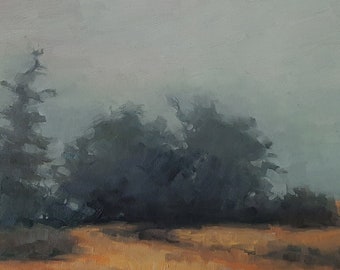 Weathered trees, original landscape oil painting, Pacific Northwest horizontal impressionist farm field evening, canvas art study gray sky