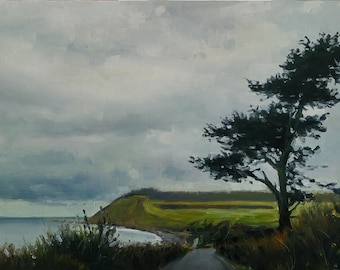 Tree at Ebey's Landing, original landscape oil painting Pacific Northwest Washington coast Whidbey island Coupeville shore moody gray art