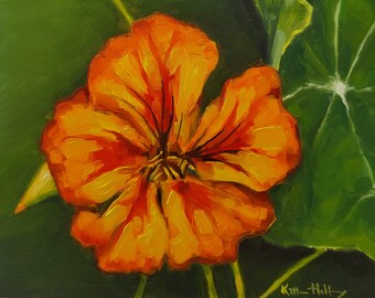 Yellow and orange Nasturtium flower, original floral oil painting, still life impressionist color pop, small bright spring study wall art