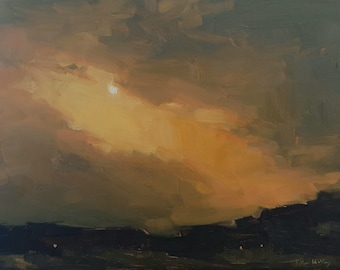 Warm Summer sunset, original landscape oil painting, impressionist sky cloud study, evening field linen canvas, dark trees distant light