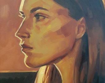 Sale, Female portrait oil painting, warm light feminine face profile study, original impressionist woman art, beautiful serious girl bust