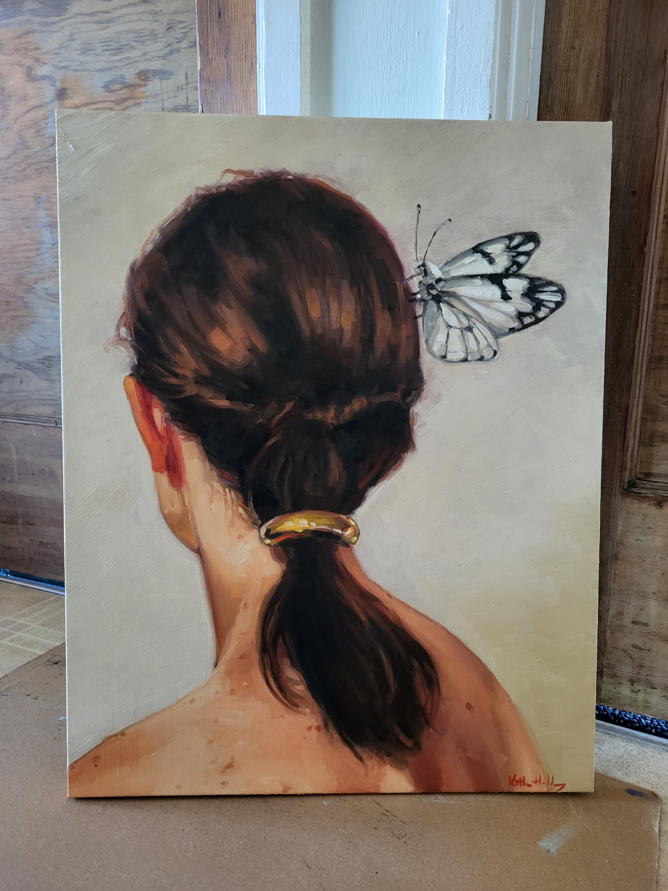 オリジナルの女性の肖像画、油絵、髪に蝶、リネンキャンバス、16x20