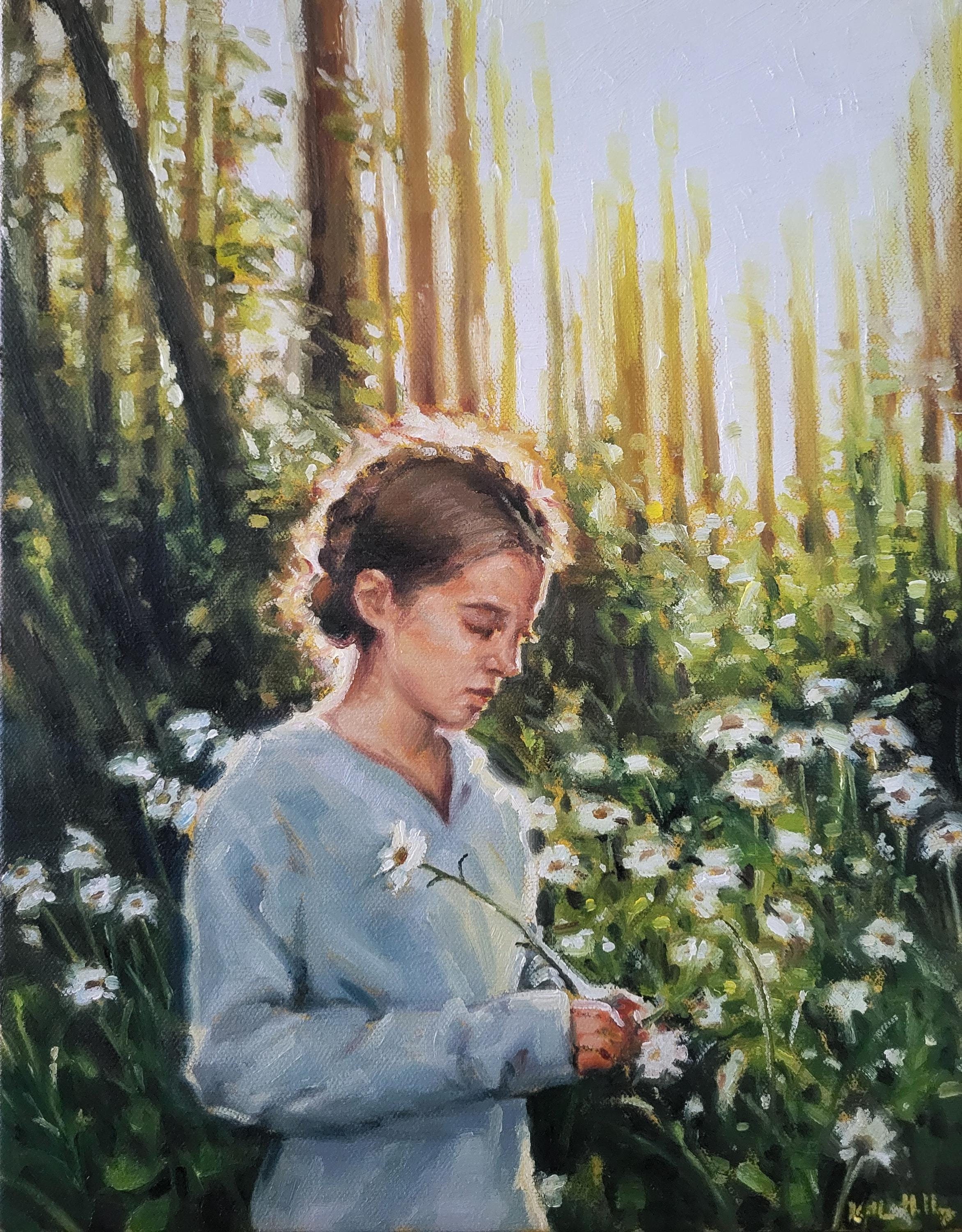 ヒナギクを持つ少女の油絵、緑の印象派の肖像画、11x14 - Etsy 日本