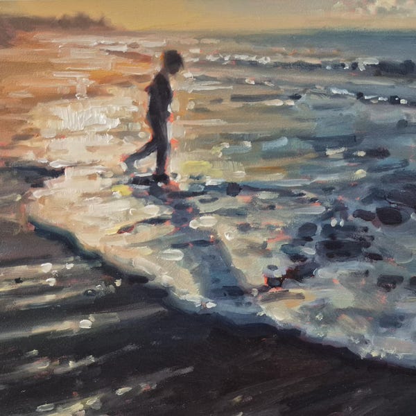 Boy by the sea original seascape figure oil painting on panel 6x8"