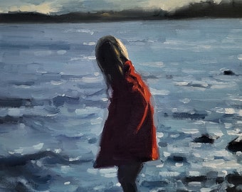 海景油絵、赤いコートを着た少女、太平洋岸北西部のアート 9x12インチ