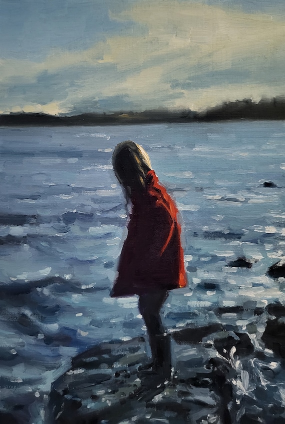 海景油絵、赤いコートを着た少女、太平洋岸北西部のアート 9x12インチ