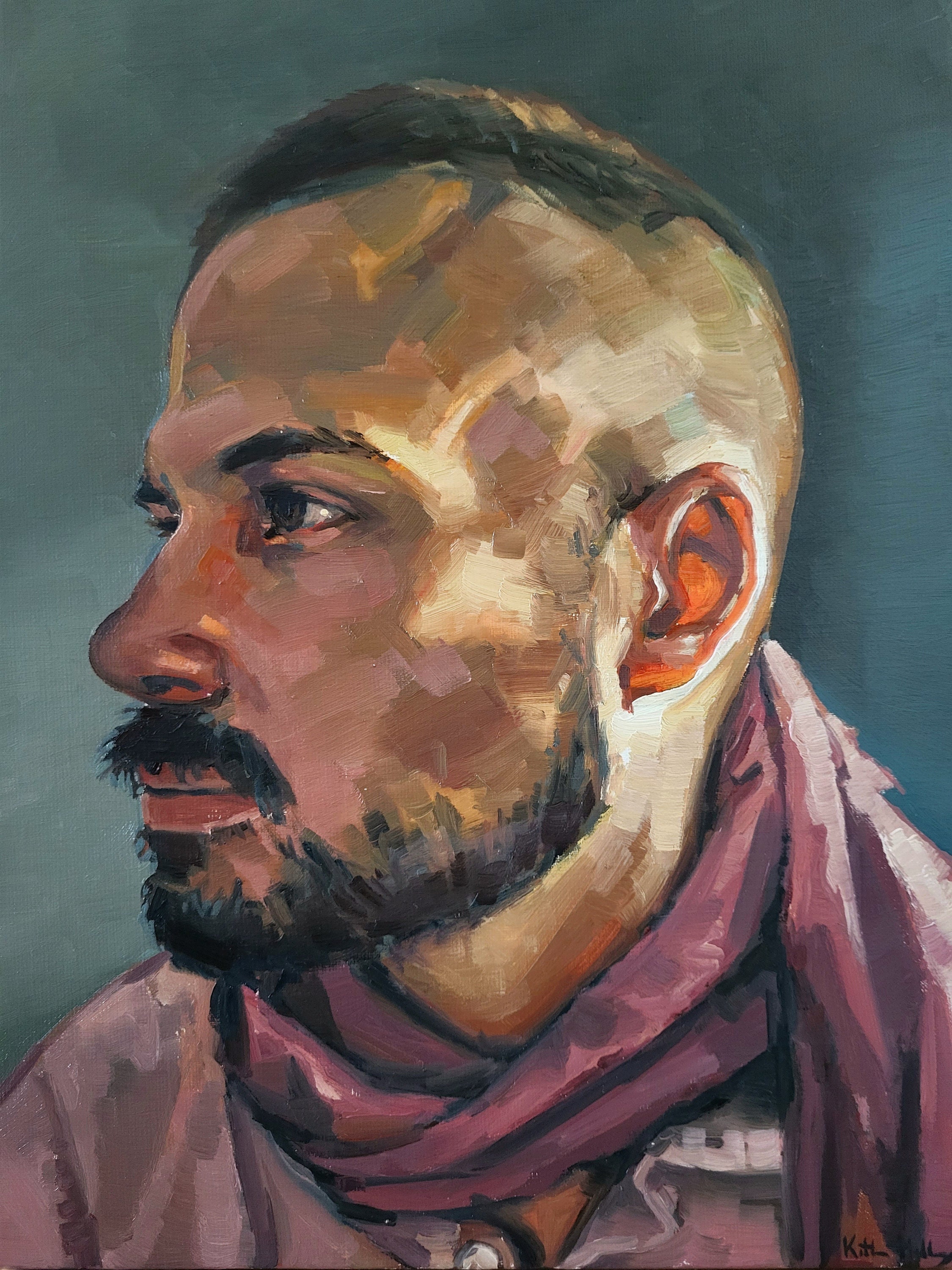 Man With a Scarf, Original Male Portrait Oil Painting 