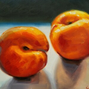 オリジナルの黄色い桃の油絵静物画、パネルに描かれた食べ物アート