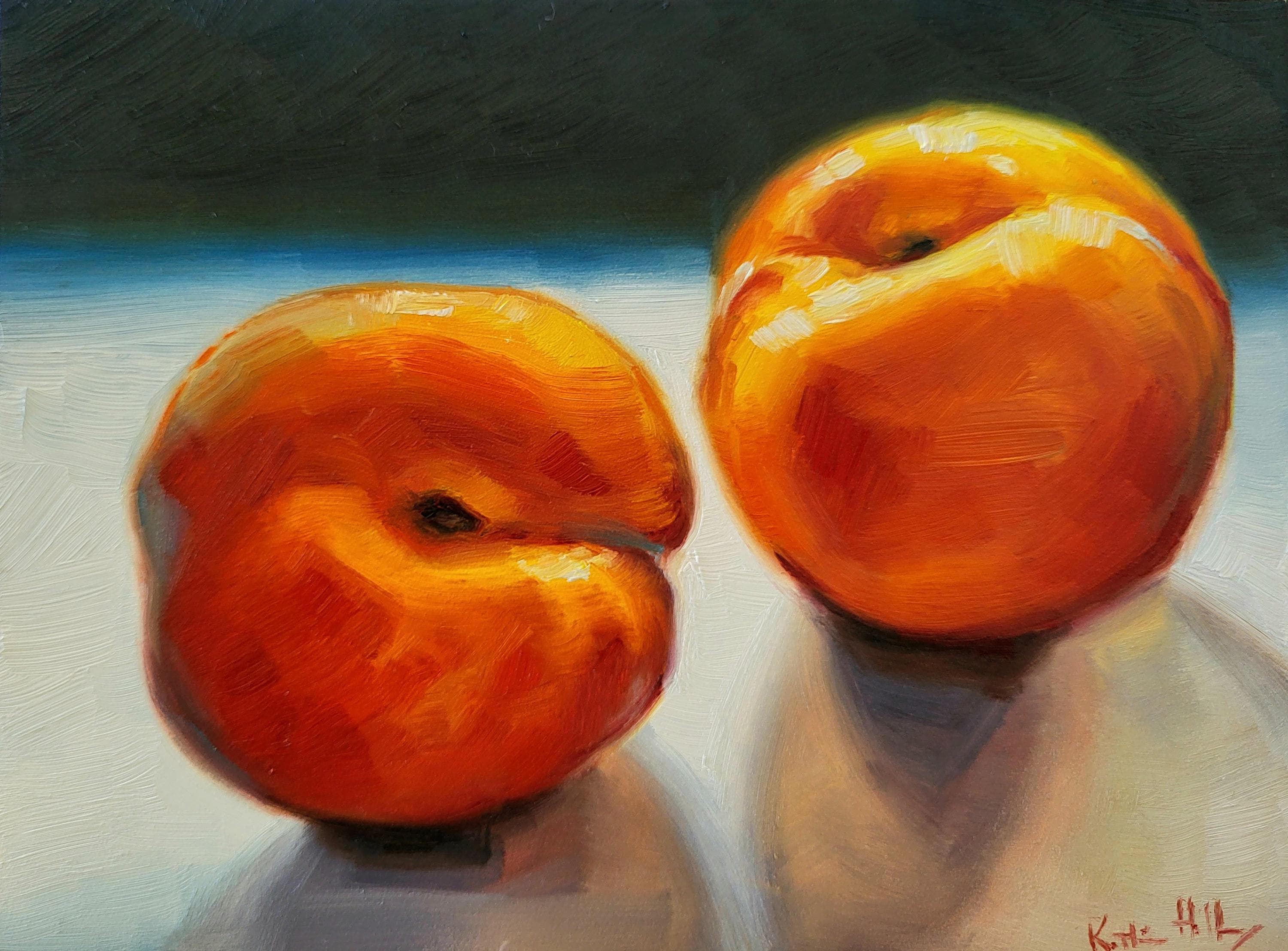 オリジナルの黄色い桃の油絵静物画、パネルに描かれた食べ物アート