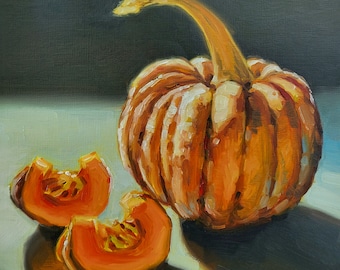 Black Futzu pumpkin, original winter squash still life oil painting, small impressionist food art kitchen decor orange gourd handmade