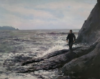 Man at the rocky shore, original male portrait oil painting, impressionist Rialto Beach Pacific Northwest seascape landscape figure moody