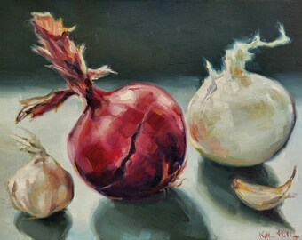 Cebollas y ajo, pintura al óleo original de bodegones vegetales, decoración impresionista de cocina de arte gastronómico, lienzo de lino de estudio de allium rojo y blanco