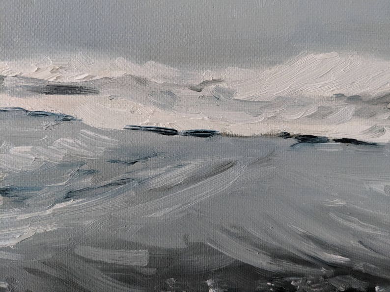 Impressionist Monochrome Water Art Ocean Waves in the Morning Fog Final Sale Original Landscape Oil Painting Minimalist Seascape
