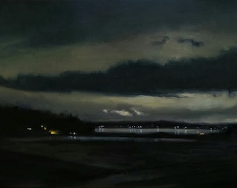 Night clouds over Dugualla Bay, original landscape oil painting, Whidbey island nocturne dark Pacific Northwest Washington study, handmade
