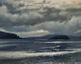 A break in the clouds, original Seascape oil painting, Whidbey Island landscape ocean decor, Pacific Northwest Washington wall art