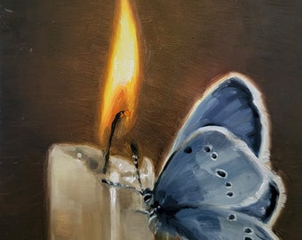 Bougie et petit papillon bleu, nature morte originale et peinture à l'huile d'insectes, art mural impressionniste sombre, mini décoration de flamme faite main