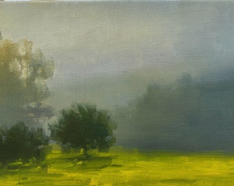 Misty green meadow, original landscape oil painting, small impressionist morning fog and trees study, linen canvas spring handmade decor