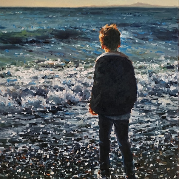 Original Oil Painting Boy on Beach Seascape on linen canvas 12x16"