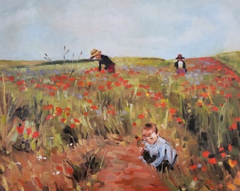 Red poppies, original oil painting based off Mary Cassatt, impressionist landscape with figures, linen canvas copy wall art home decor