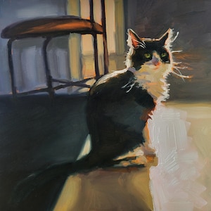 太陽の光を浴びるタキシード猫、オリジナルの動物油絵、小さな印象派の白黒猫の壁アート、かわいい明るい手作りの書斎