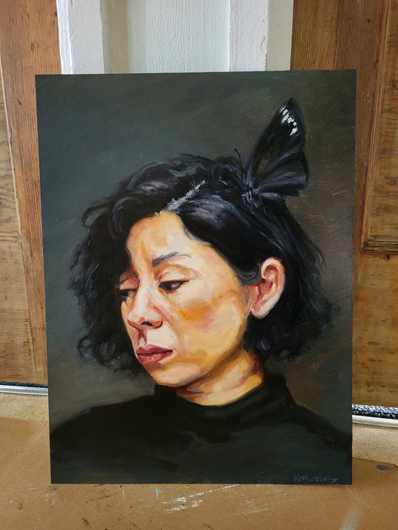 オリジナルの女性の肖像画油絵「蝶を持つ女性」パネルに描かれた12x16