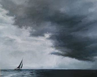 Sailboat in the storm, original seascape oil painting, boat and dark clouds, linen canvas landscape impressionist moody ocean scene wall art