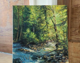 森の小川の油絵 川の風景 リネンキャンバス 16x20インチ - Etsy 日本