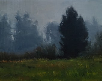 Misty treeline, original landscape oil painting small impressionist fog Pacific Northwest Washington Whidbey island tree nature decor art