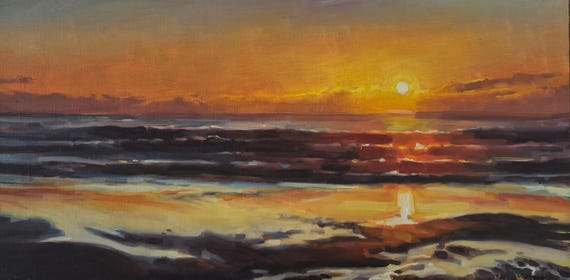 ネアベイの夕日の油絵、太平洋岸北西部の海景、10x20 キャンバス