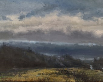 January marsh, original landscape oil painting, impressionist Whidbey island Pacific Northwest moody gray sky cloudy Washington canvas art