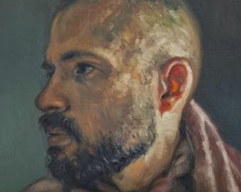 横顔の男性の肖像画、オリジナルの油絵の男性の胸像、暗い印象派の顔の