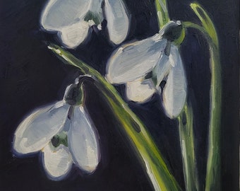 Three snowdrops, original flower oil painting, mini impressionist early spring floral white and green plant decor beautiful unique small