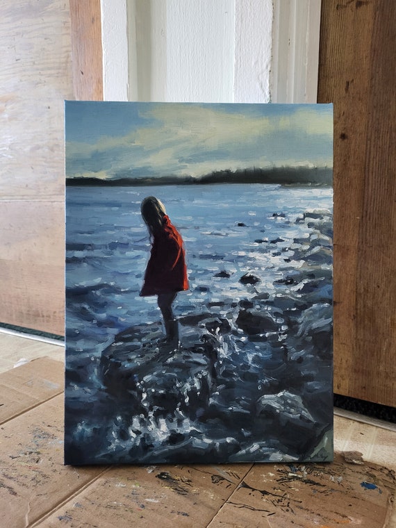 イリナ・バタコア「ボアを着た女」油彩画 海景油絵、赤いコートを着た少女、太平洋岸北西部のアート 9x12インチ