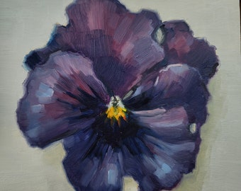 Pensée pourpre, peinture à l'huile originale de nature morte de fleurs, petite mini étude florale violette impressionniste, cadeau fait main décor végétal art couleur pop