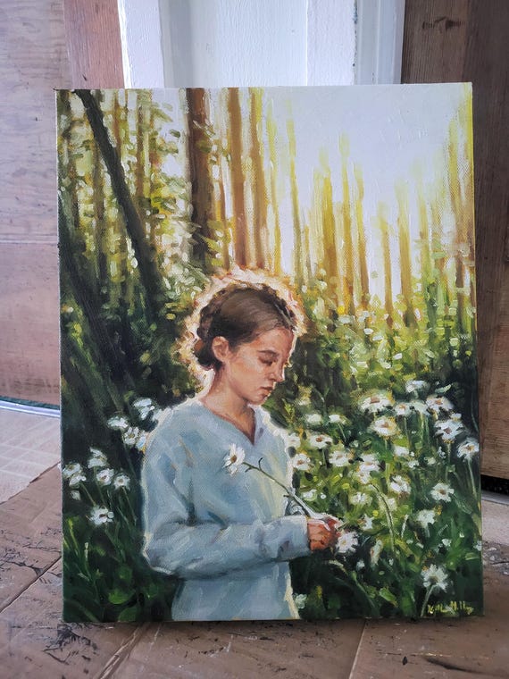 ヒナギクを持つ少女の油絵、緑の印象派の肖像画、11x14 - Etsy 日本