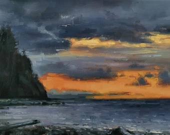 Evening at Fort Worden original seascape oil painting on linen canvas 10x20"