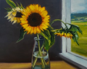 Sunflower vase by the window, original floral still life oil painting, small impressionist yellow flower study, bright summer plant wall art
