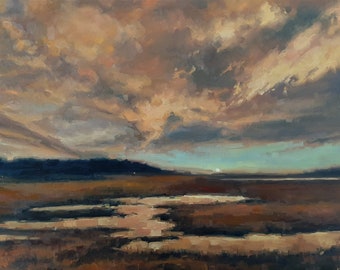 Orange August clouds, original landscape oil painting, impressionist Whidbey sunset skyscape, linen canvas sky Pacific Northwest Washington