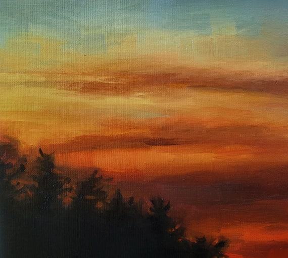 赤い空の夕焼けの油絵、印象派の風景画、10x20 - Etsy 日本