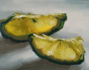 Two lime wedges, original still life oil painting mini citrus fruit food wall art kitchen decor small impressionist study handmade gift