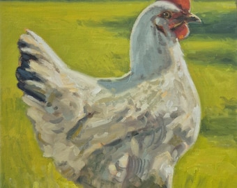 Oryginalny obraz olejny przedstawiający kurę w kolorze białym, 9x12 cali, na płótnie lnianym