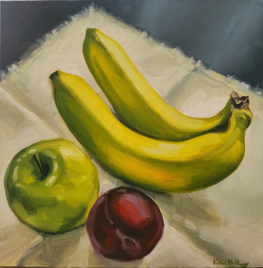 セール オリジナルフルーツ静物油絵、バナナ、リンゴ、黒プラム、食品