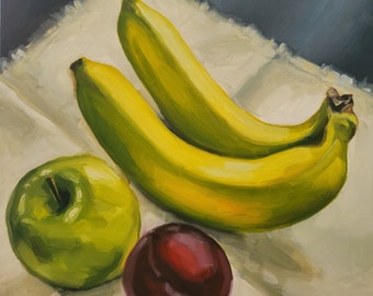 セール オリジナルフルーツ静物油絵、バナナ、リンゴ、黒プラム、食品