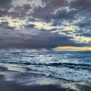Distant rain original sea oil painting, large ocean beach landscape Whidbey sunset Pacific Northwest Washington coast sky wall art