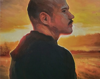 横顔の男性の肖像画、オリジナルの油絵の男性の胸像、暗い印象派の顔の